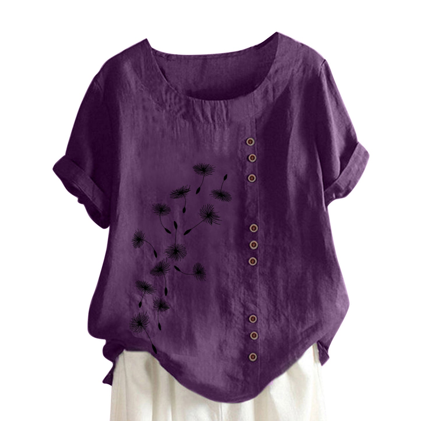 Sleeve With Buttons Round Neck Print Blouses