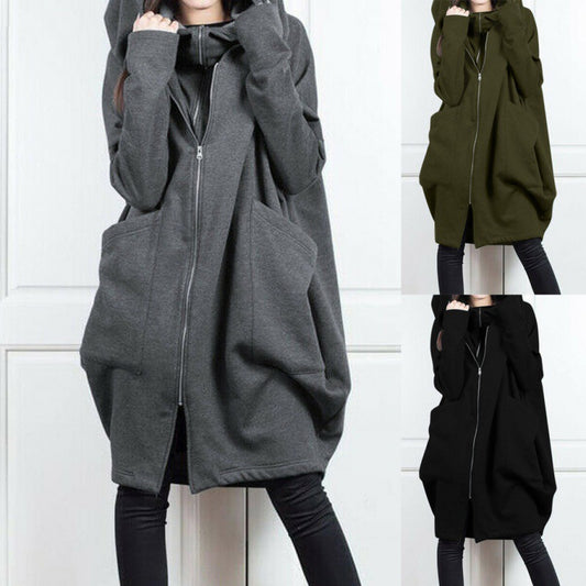 Women's Hooded Pocket Sweatshirt Zipper Mid-length Fake Coats