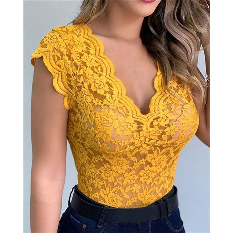 Women's Summer Hollow Sexy Close-fitting Solid Color Blouses