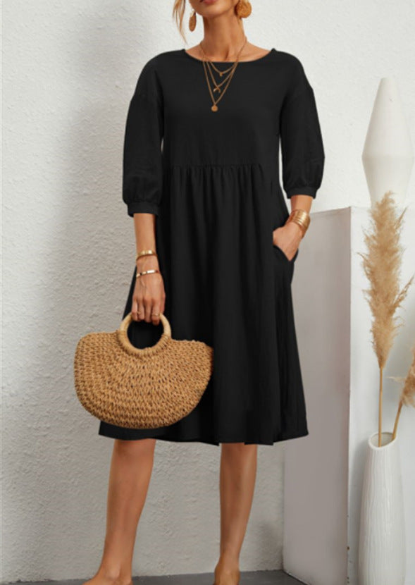 Women's Lantern Sleeve Loose Cotton Linen Pocket Dresses