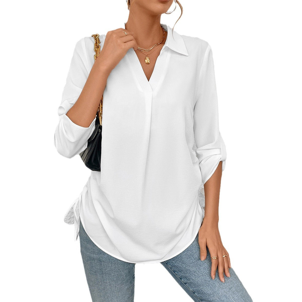 Women's Ladies Two Sides Drawstring Solid Color Shirt Beach Blouses