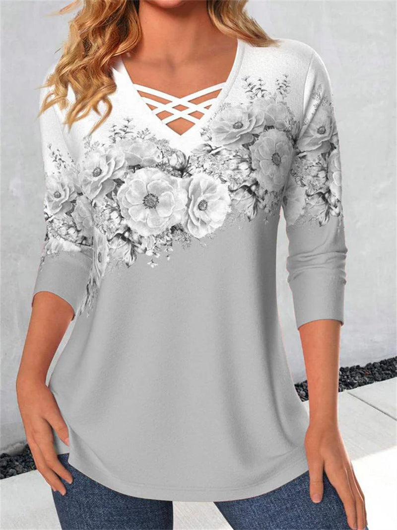 Women's Loose Crisscross Neckline Flower Print Long-sleeved Blouses