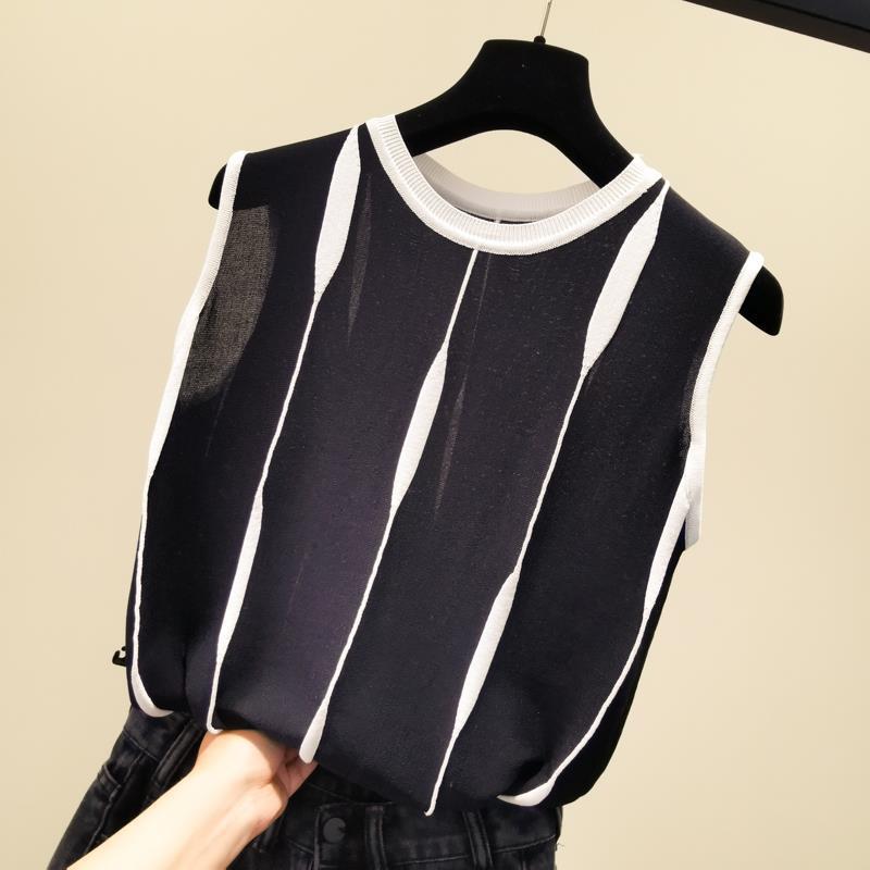 Women's Contrast Color Striped Ice Silk Outer Wear Sleeveless For Knitwear