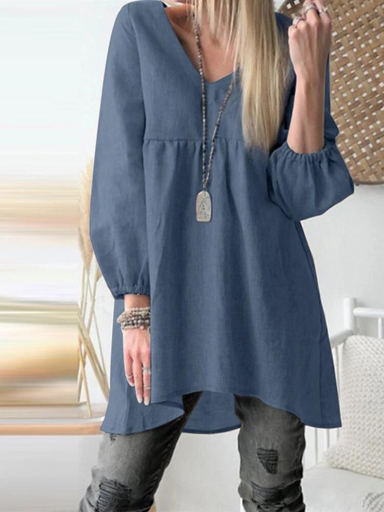 Women's Loose Cotton Linen Casual Shirt Dress Blouses