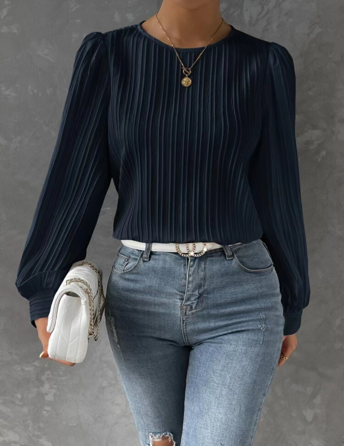 Round Neck Lantern Sleeve Long Solid Blouses