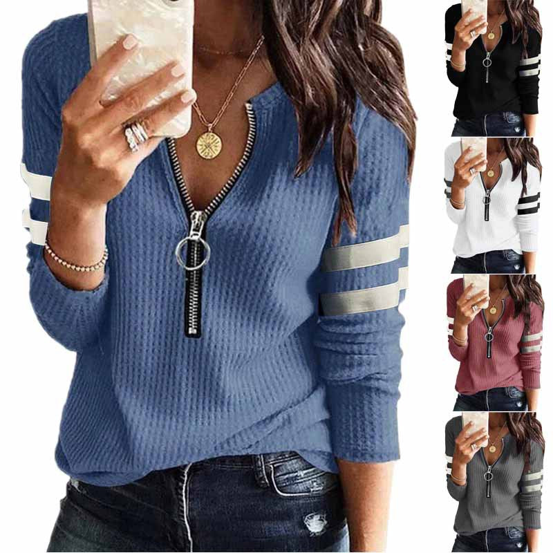 Women's Zipper V-neck Stitching Long Sleeve T-shirt Blouses