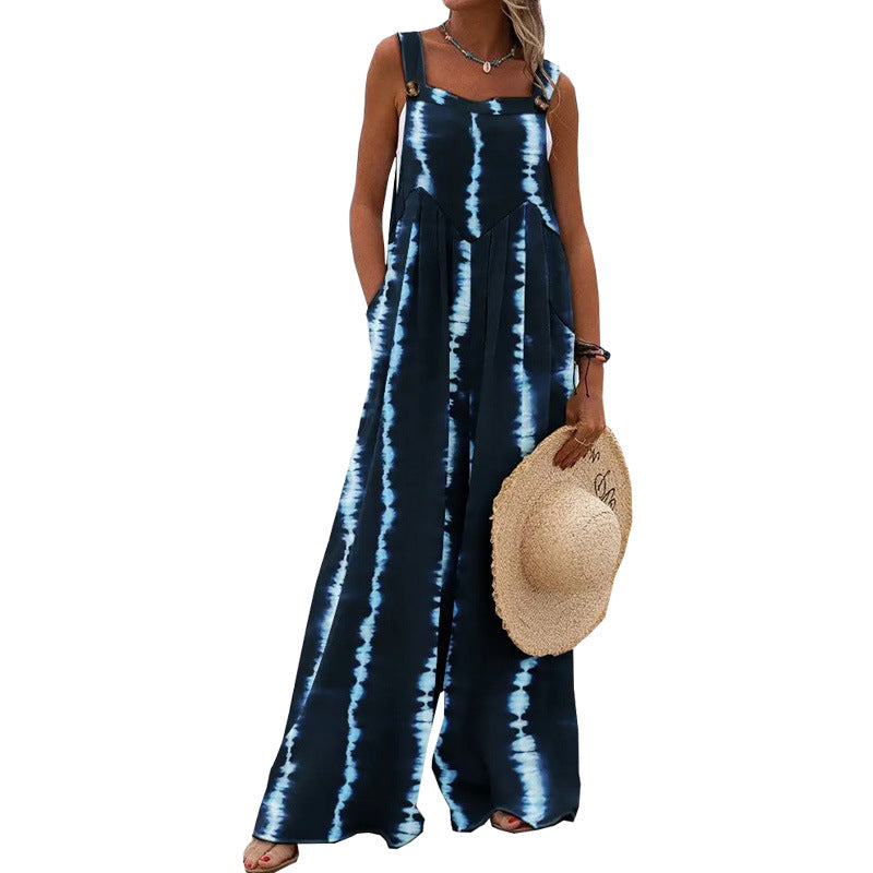 Women's Summer Printed Sleeveless Loose Casual Sling Wide Jumpsuits