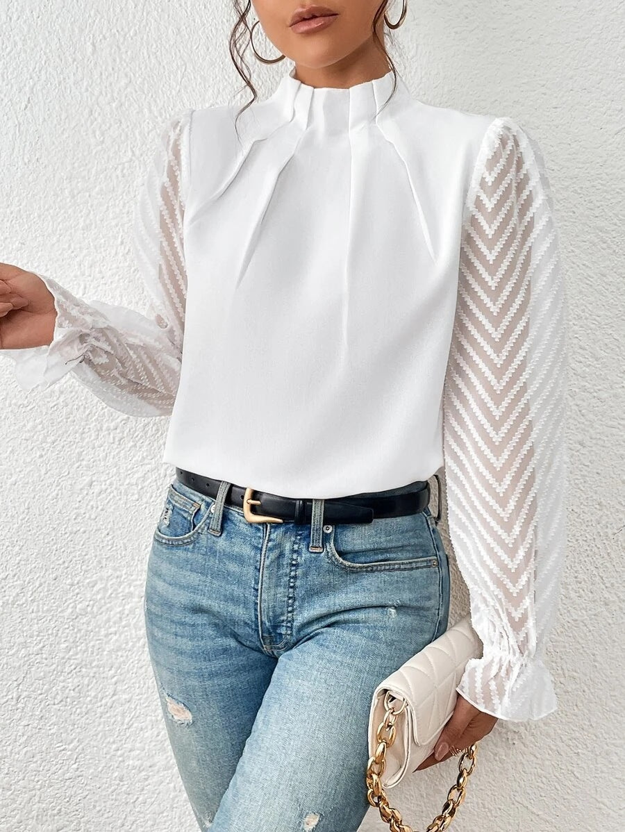 Women's Beautiful Stitching Wavy Chiffon Long-sleeved Tops