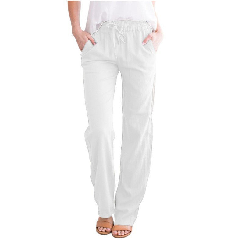 Pantalon ample à cordon de serrage en coton et lin de couleur unie pour femme