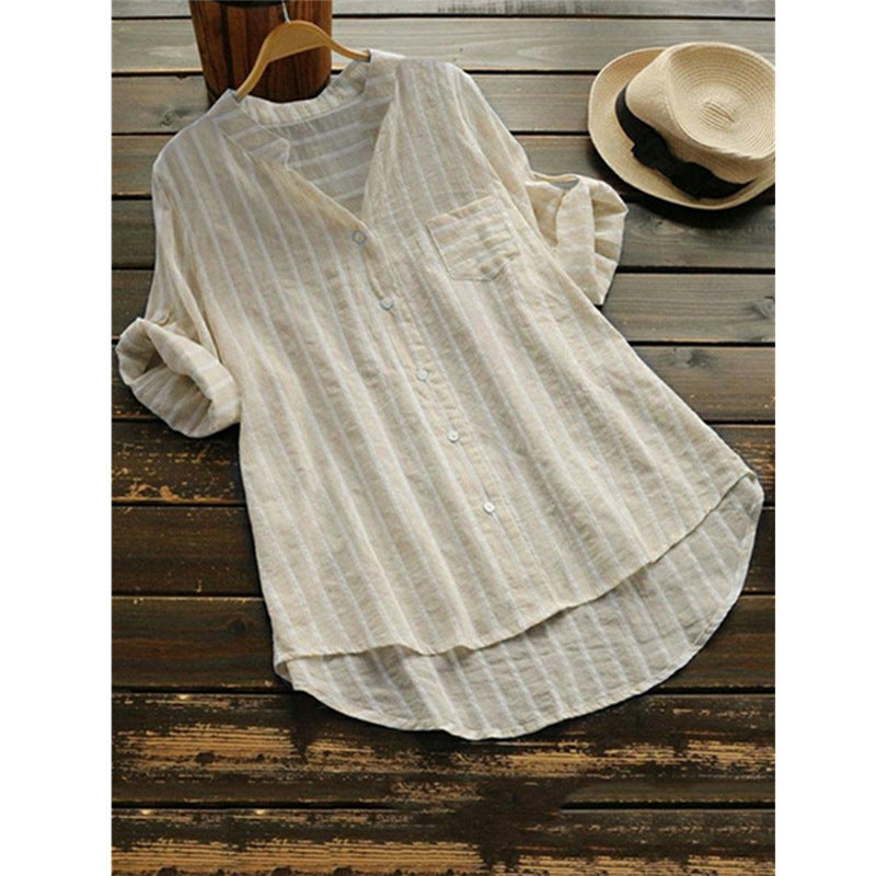 Women's Spring Casual Mid-length Shirt Striped Three-quarter Blouses