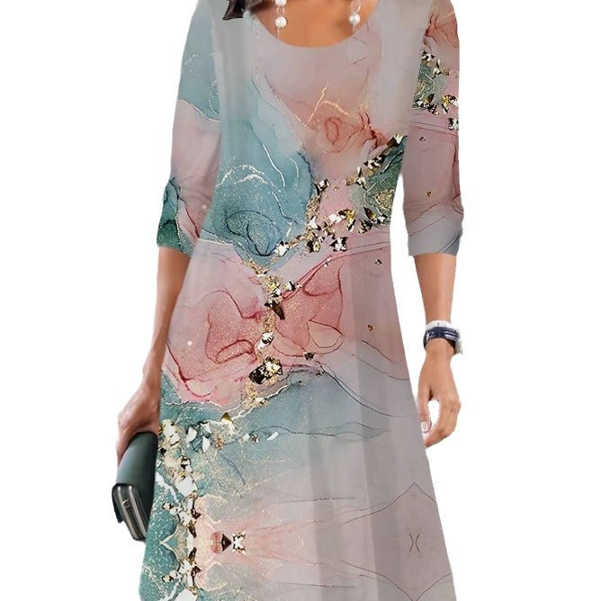 Print Long Sleeve Round Neck Mid-length Dresses