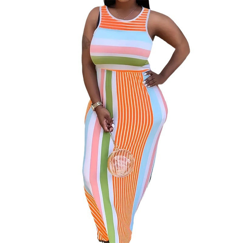 Sleeveless Round Neck Striped Fashion Printed Street Dresses