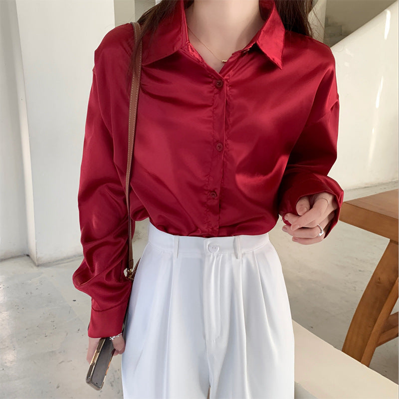 Women's Satin Shirt Minority Retro Style Design Blouses