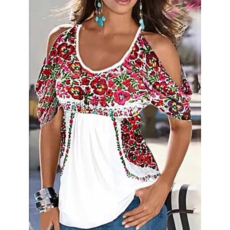 Women's Summer Loose V-neck Pleating Printed Off-shoulder Blouses