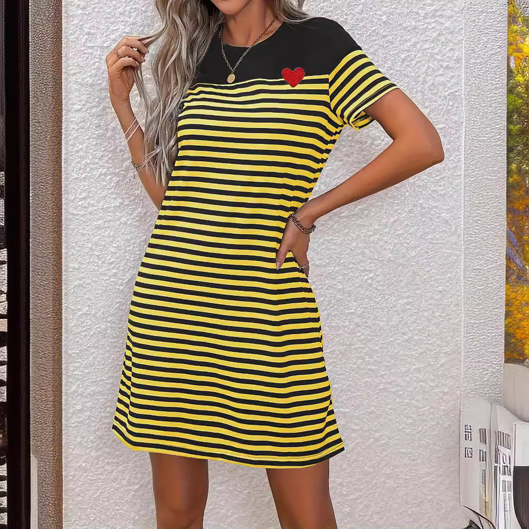 Women's Neck Black White Striped Sleeve Color Dresses