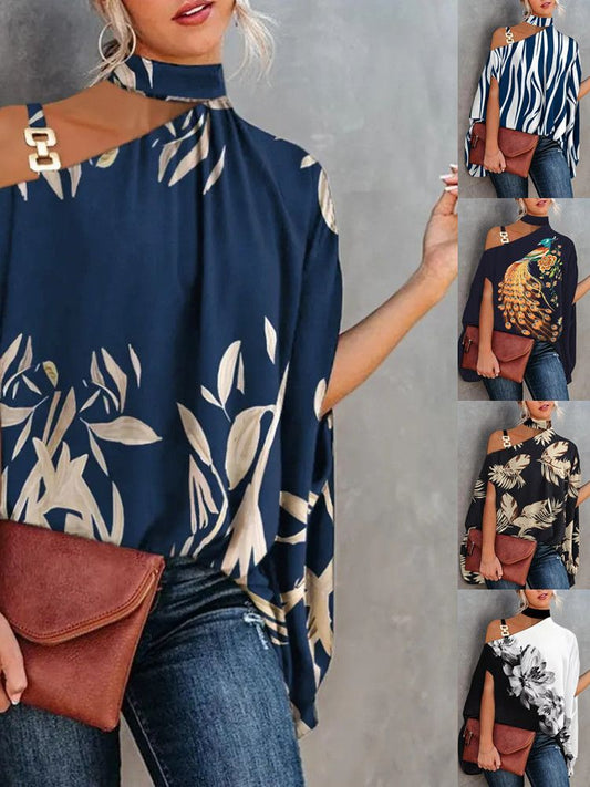 Lockere, elegante Neckholder-Blusen mit Fledermaus-Print für den Sommer für Damen