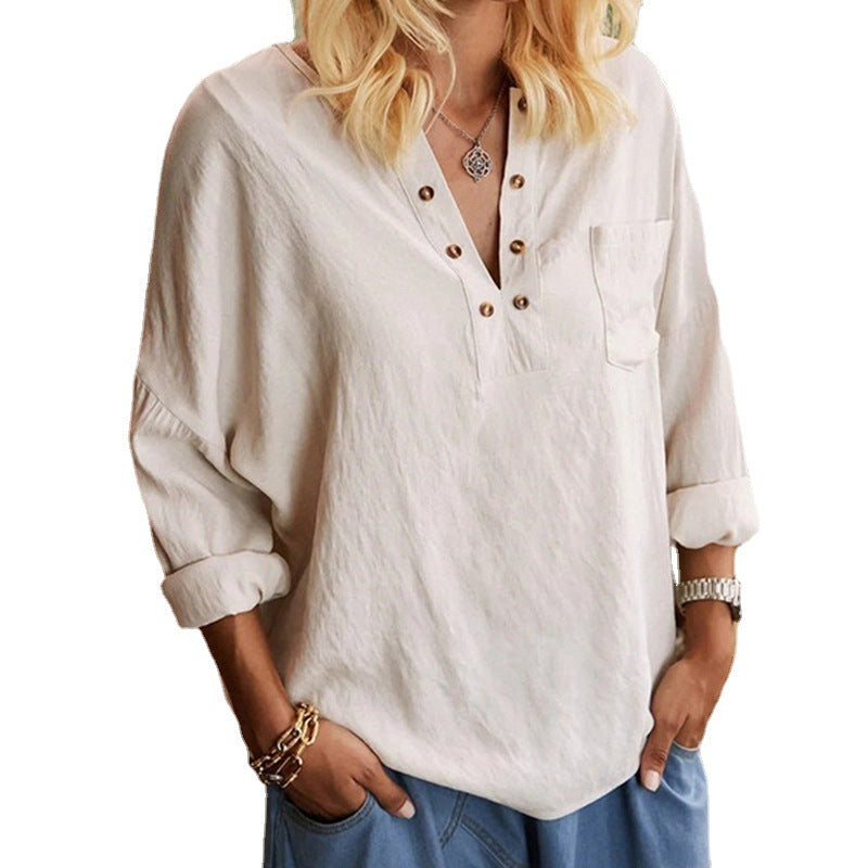 Women's Cotton Linen Shirt Solid Color Long-sleeved Blouses