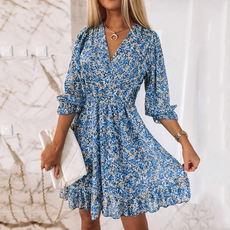 Women's Midi Dress Tight Waist Bohemian Printed Dresses