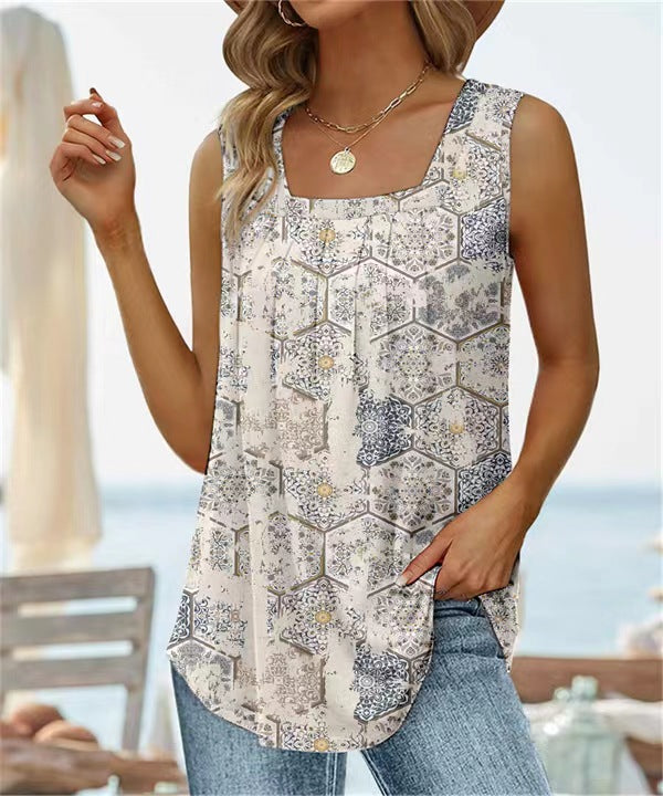 Women's Summer Sleeveless Square Collar Printed T-shirt Blouses