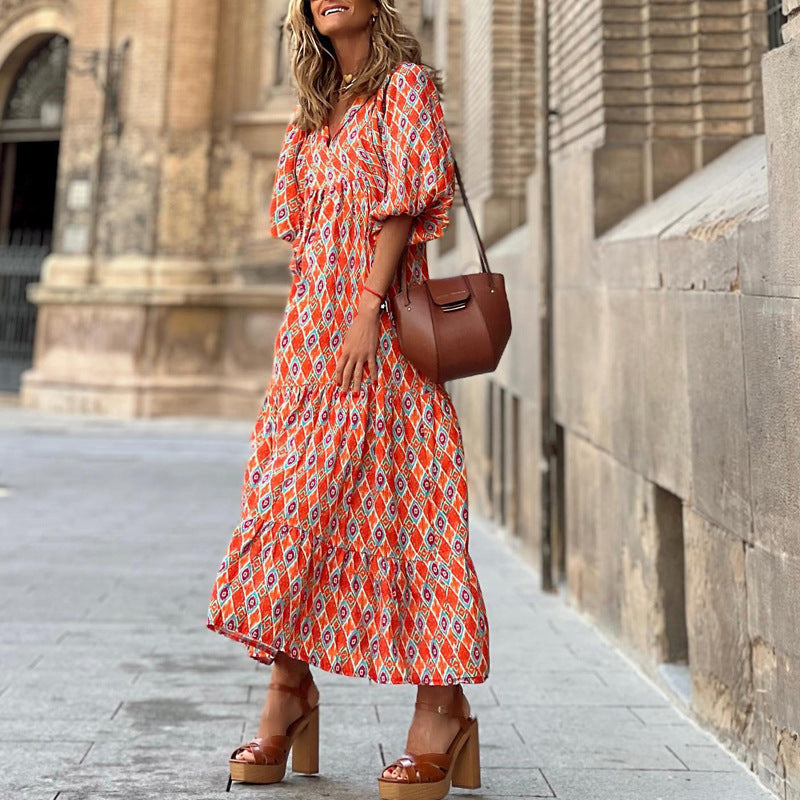 Robes imprimées de tempérament à manches lanternes bohème pour femmes