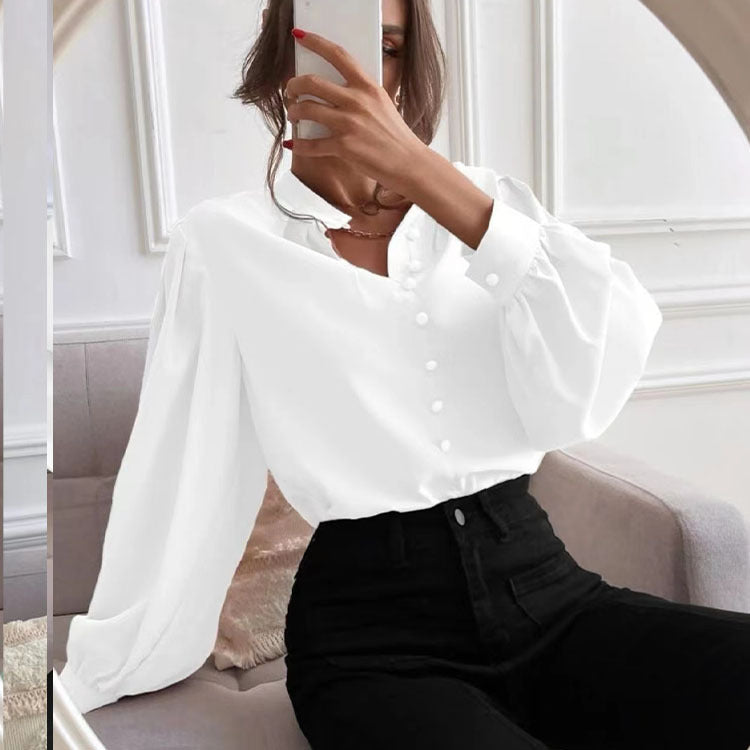 Women's Elegant Solid Color Lapel Long Sleeve Single Row Blouses