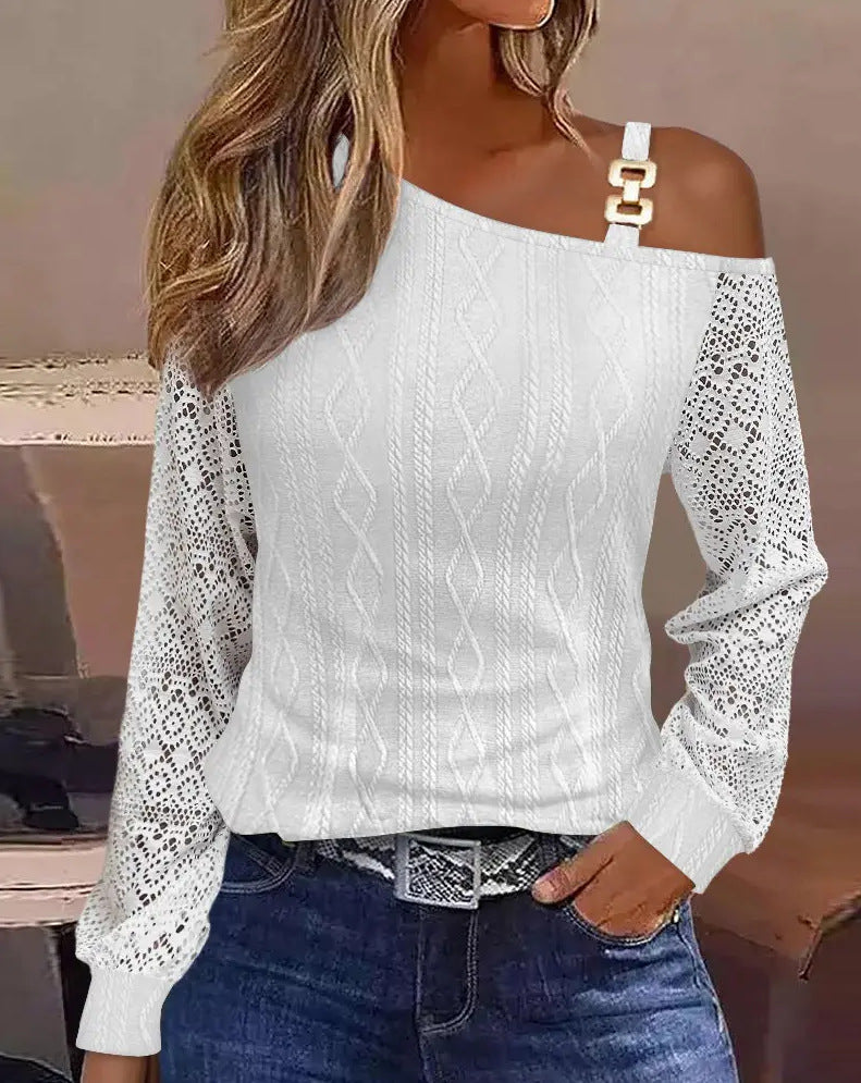 Women's Autumn Simple Metal Buckle Shoulder Collar Blouses