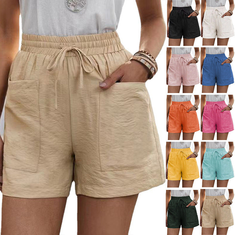 Short d'été ample en lin avec poches de loisirs pour femmes, couleur unie