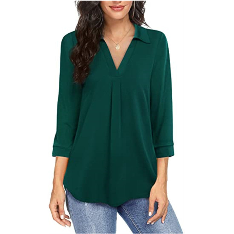 Women's Elegant Chiffon Pullover Loose V-neck 3/4 Sleeves Blouses