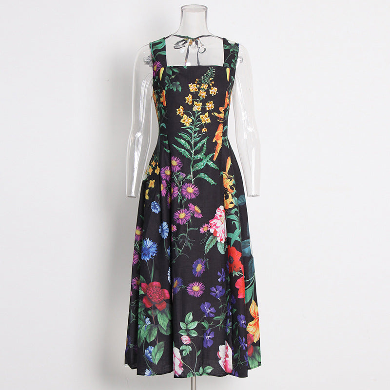 Women's Beads Design Backless Long Printed Slimming Dresses