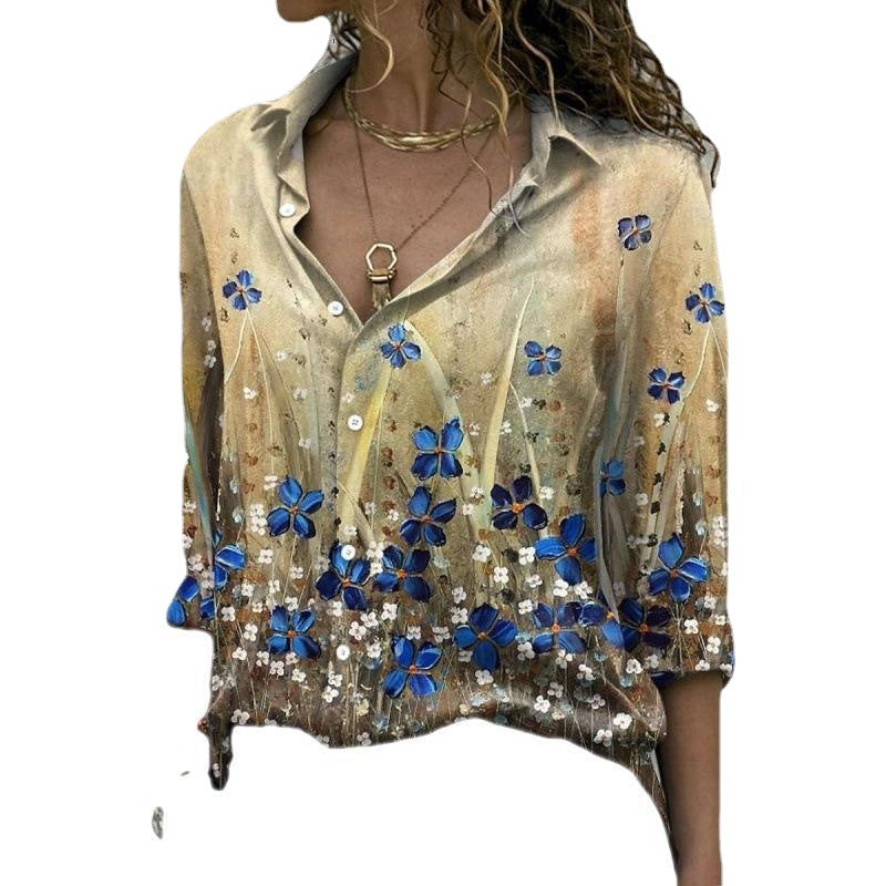 Flower Print Long Sleeve Lapel Shirt Blouses