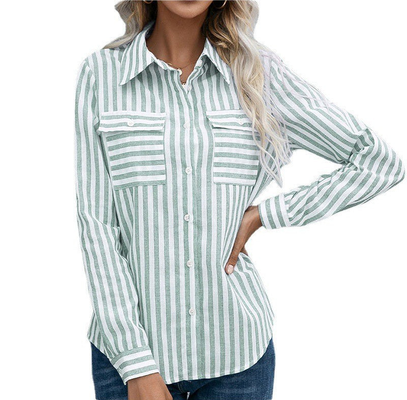 Women's Polyester Striped Single-breasted Long Sleeve Blouses