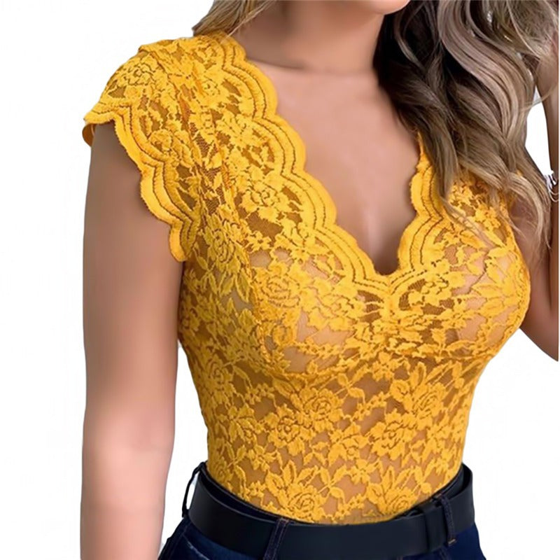 Women's Summer Hollow Sexy Close-fitting Solid Color Blouses