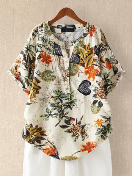 Women's Leaf Printed Sleeve Summer Retro Cotton Linen Blouses