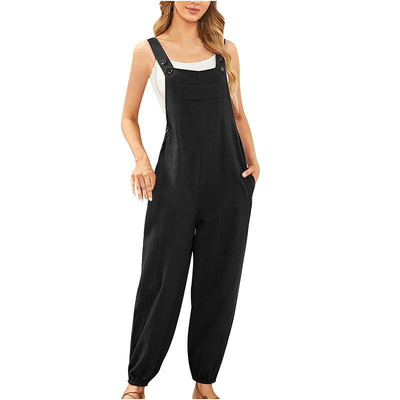 Lässiger, enger Jumpsuit aus Baumwollleinen mit Hosenträgertasche für Damen