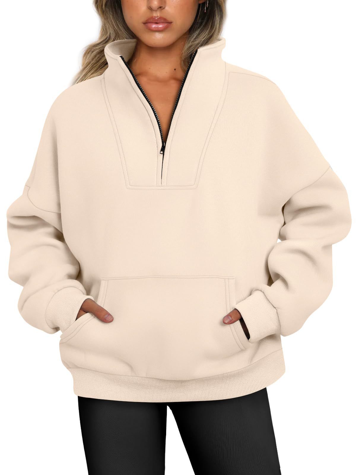 Damen-Kapuzenpullover mit Kragen, einfarbig, Tasche und Reißverschluss