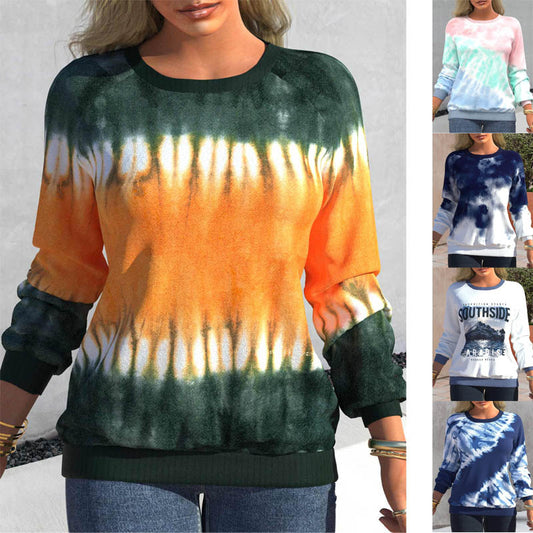 Women's Autumn Tie-dyed Printed Round Neck Raglan Long Sleeve Sweaters