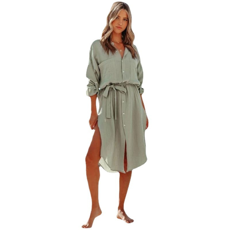 Robe de printemps pour femmes, couleur unie, manches longues