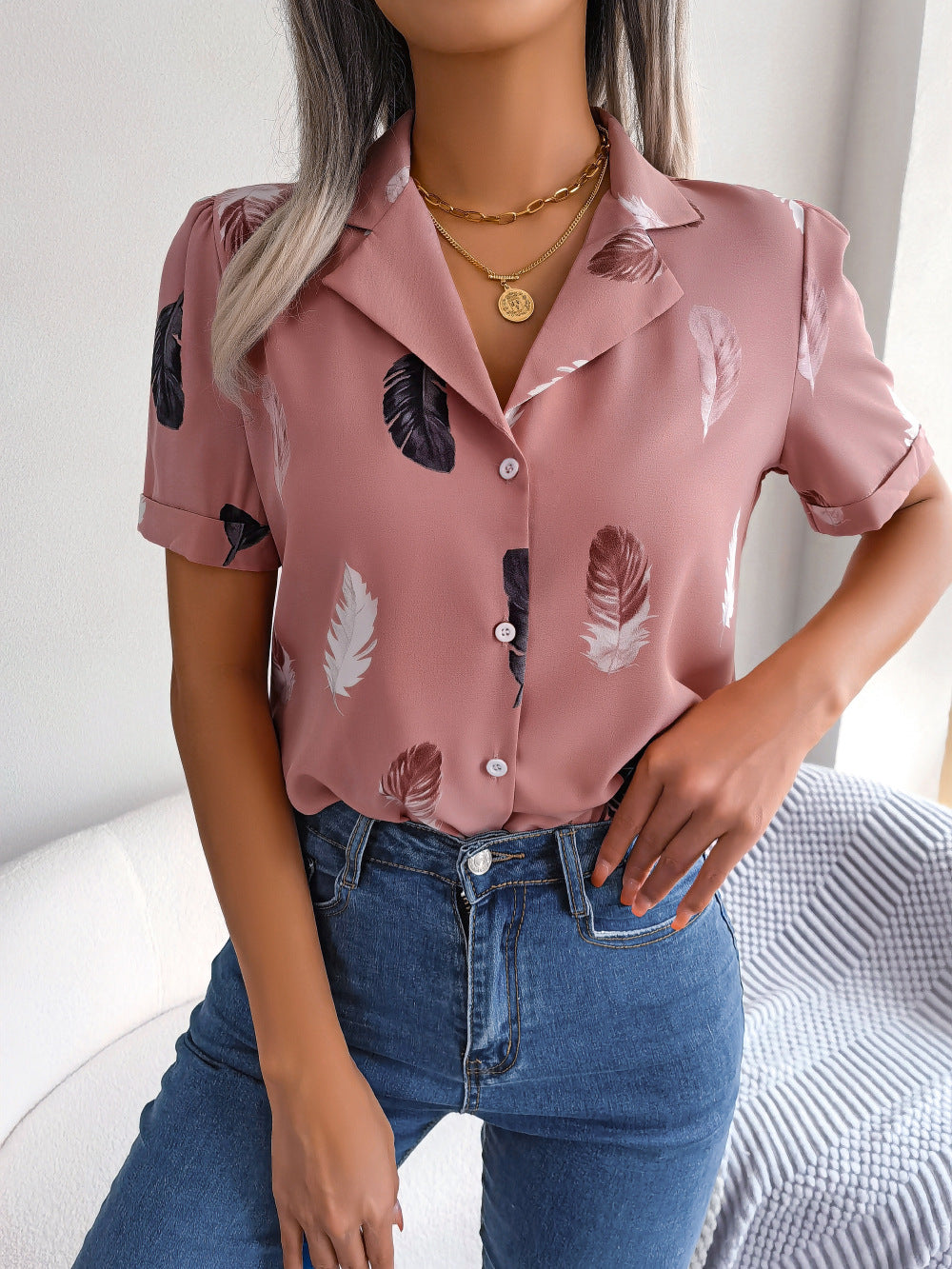 Women's Elegant Collar Feather Loose Sleeve Shirt Blouses