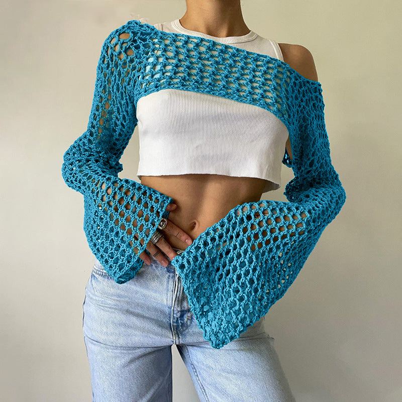 Women's Autumn Hand Crochet Casual Bell Sleeve Sexy Knitwear