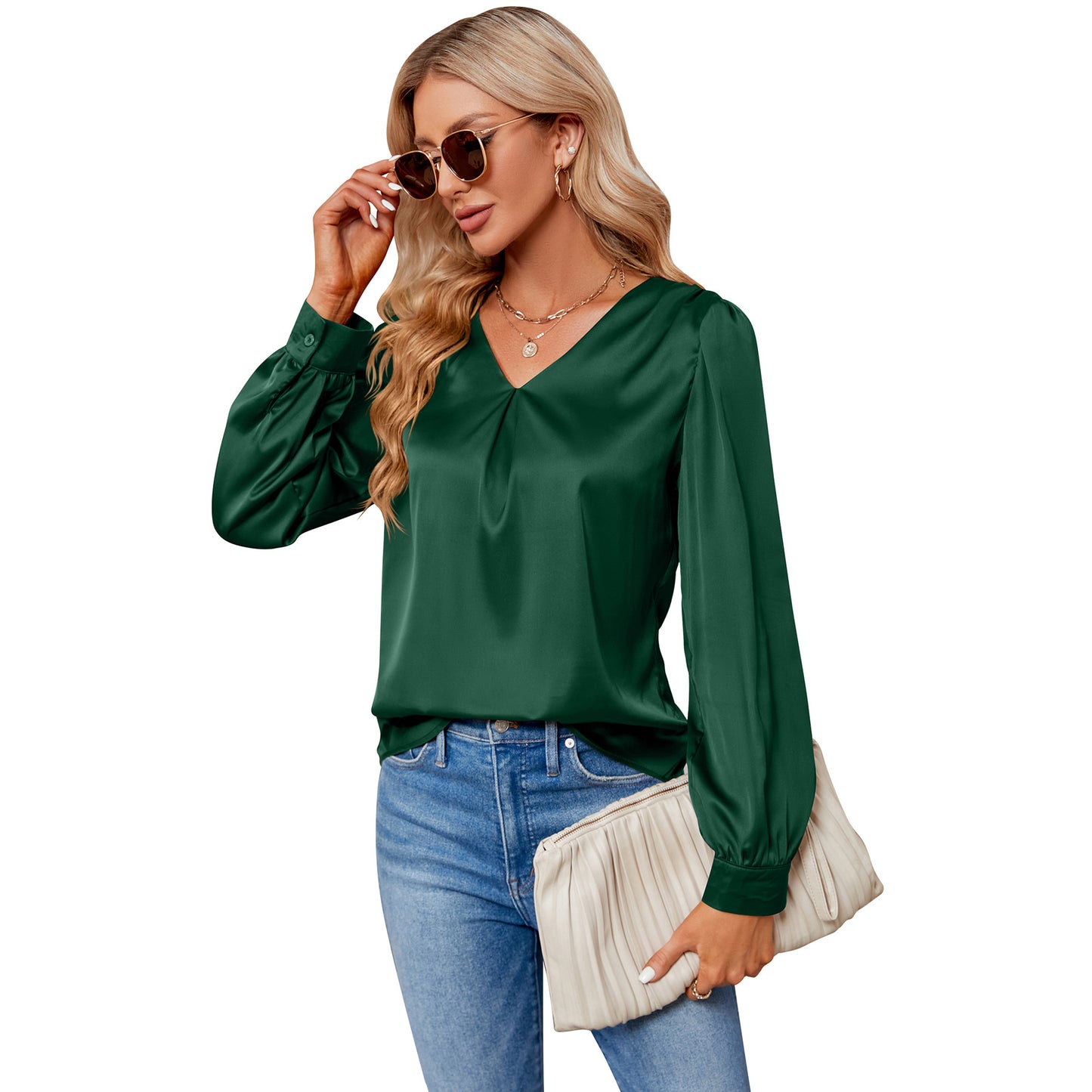 Blouses de chemise à manches longues plissées en satin créatif pour femmes