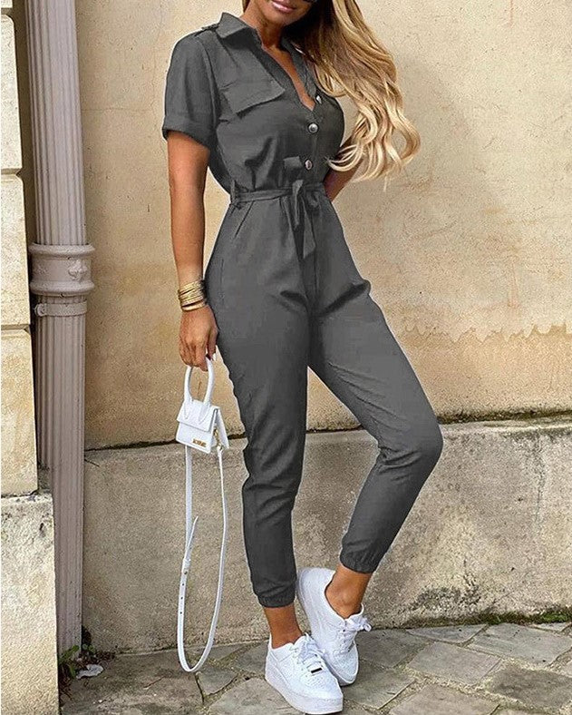 Women's Summer Casual Polo Collar Printed Belt Jumpsuits