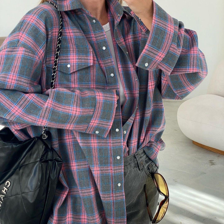 Women's Style Lapel Loose Shirt Autumn Plaid Blouses