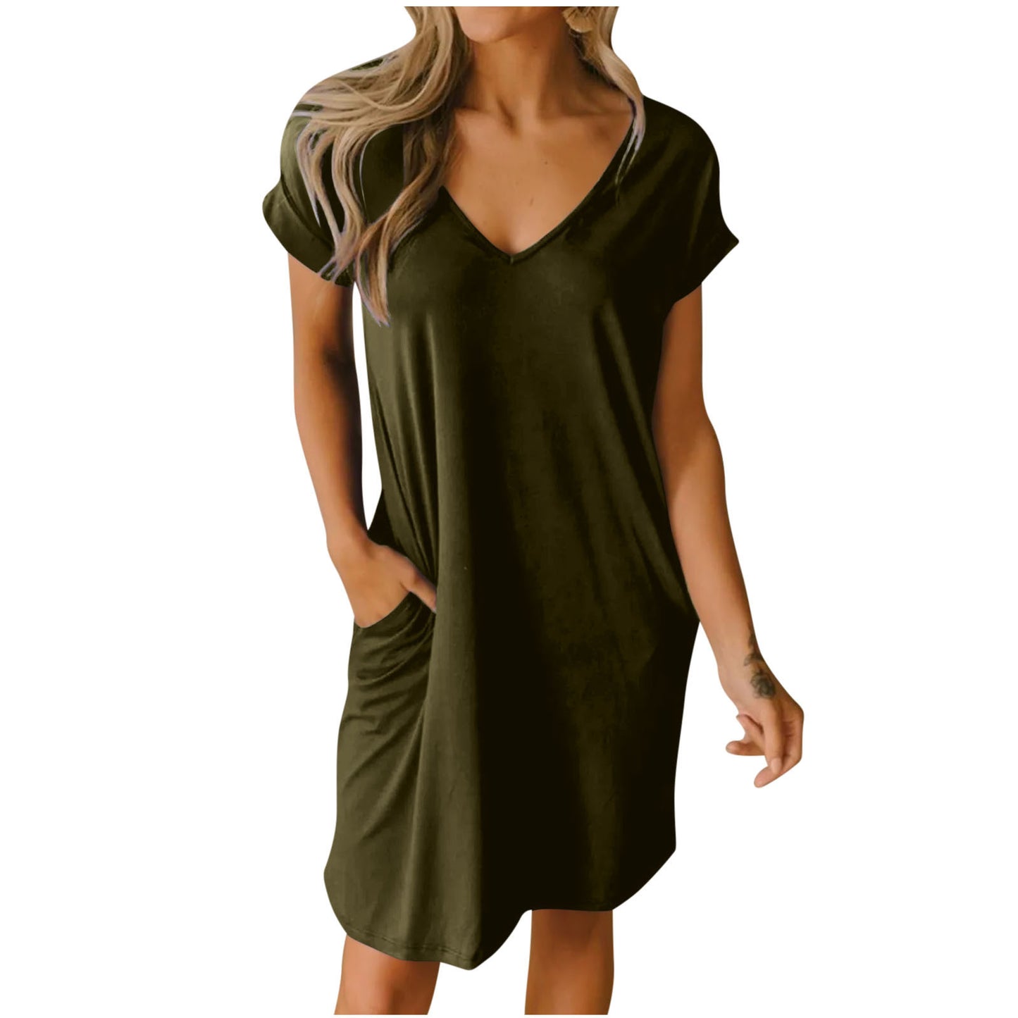 Women's Solid Color Sleeve Pocket Midi Dress Dresses