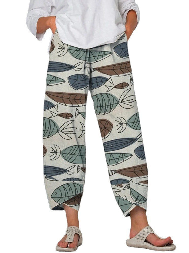 Women's Waist Gray Printed Stitching Loose Cropped Pants